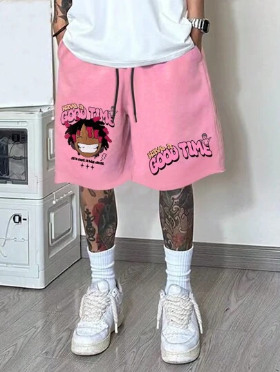 Manfinity EMRG 男士抽绳腰口袋短裤，带字母和卡通印花夏季宽松图案涂鸦纯色外出短裤