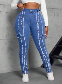 SHEIN SXY 大码高腰弹性多片破洞紧身牛仔裤 - 中等水洗藍 - 查看 6