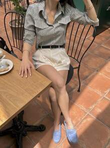 DAZY Áo sơ mi nữ tay dài có cổ, túi ôm, họa tiết sọc, trang phục công sở, thời trang xuân/hè/thu, mùa thu - Xám - Xem 3