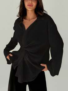 Aloruh 优雅轻盈长袖防晒简约扭纹设计衬衫 - 黑色 - 查看 7