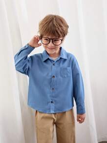 Cozy Pixies Camisa casual de unicolor con solapa, hombros caídos y bolsillo parche para niño joven