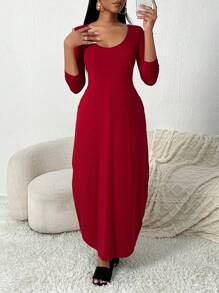 SHEIN SXY Lässiges, Oversized Damen Langkleid mit 3/4 Ärmeln für den Herbst - Bordeaux - Übersicht 6