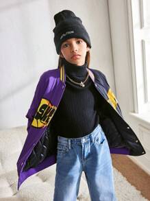 Tween Girls' Baseball Collar Oversized Casual Contrast Color Print Long Sleeve Jacket Sweatshirt - Multicolor - View 6