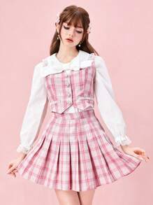 ROMWE Kawaii 女士休闲复古格子套装，带彼得潘领蝴蝶结衬衫和可爱蕾丝下摆裙子，学校 - 淺粉色 - 查看 7