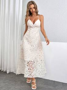 SHEIN Privé Elegant Floral Heavy-Duty Hollow Out Weave & Pressed Flower Decoration Spaghetti Strap Backless Dress, Ideal For Beach Vacation,Slim Waist Design Waist Spaghetti Strap Ruched Slim Fit Long Dress ,Back To School Long Dress ,Hawaiian Long Dress,Vintage Clothes Teacher Dress For Summer And Autumn,Vacation, Dating