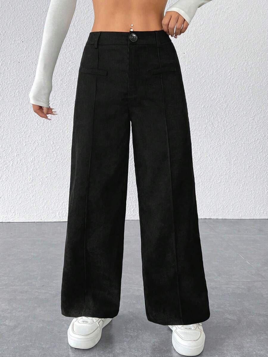 SHEIN PETITE Black Corduroy Women's Wide Leg Trousers - Black - View 1