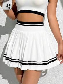 CourtClass Contrast Stripe Waist Ruched Seamless Sports Pleated Tennis Skirt, Casual Everyday Wear Athletic Skirt - White - View 4