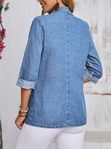 SHEIN LUNE Notch Collar Mid-Length Sleeves Casual Denim Jacket - Light Wash - View 2