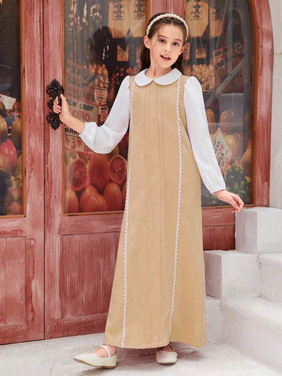 Girls' Casual Ruffle Trim Waterdrip Collar Long Dress - Khaki - View 1