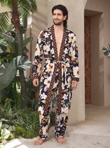 Men's Full Flower Print Patchwork Long Sleeve Pajama Set, Loungewear - Multicolor - View 5