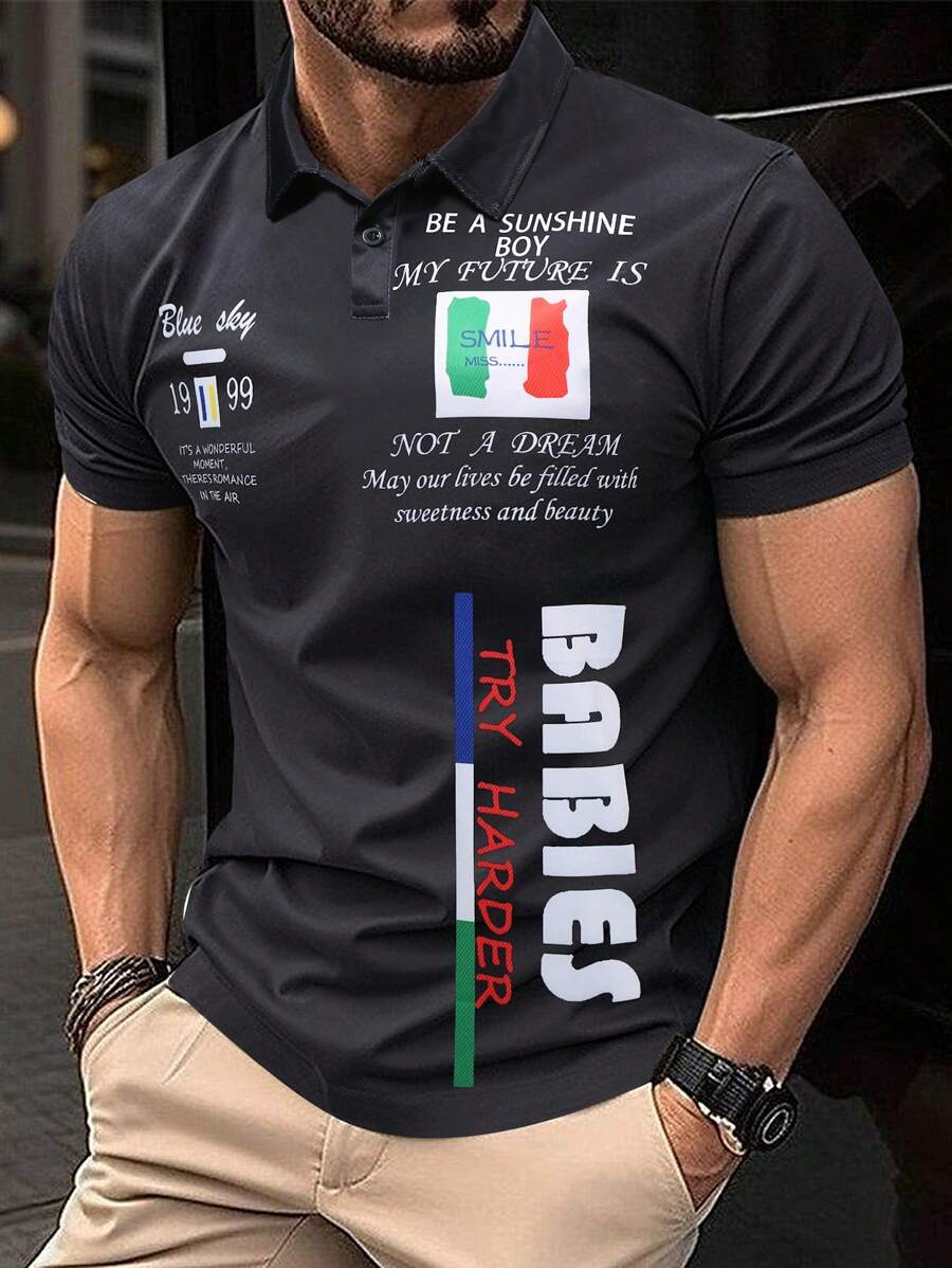 Manfinity Homme Men's Front Button Short Sleeve Letter Print Casual Shirt - Black - View 1