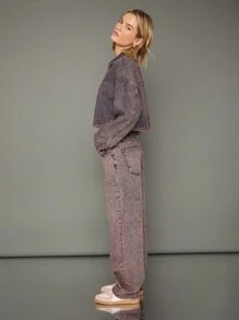 WESTFADE Winter Jacket Premium 100% Cotton Denim Acid Wash Button Front Long Sleeve Boxy Cropped Jacket - Blue - View 12