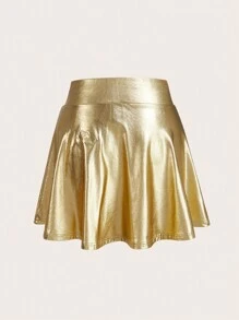 SHEIN Privé 女士休闲针织 PU 面料高腰半身裙 - 金色 - 查看 2