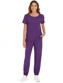 Bộ đồ y tế mùa hè dành cho nữ, áo và quần cổ chữ V màu trơn. - Màu tím - Xem 3