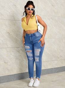 SHEIN SXY Plus Size Front Button Distressed Frayed Hem Multi-Pocket Denim Jeans, Casual Everyday Wear