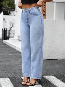 SHEIN Essnce 女士蝴蝶结印花贴袋直筒宽松休闲牛仔裤 - 淺色水洗藍 - 查看 5