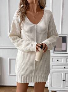 SHEIN LUNE 女士超大 V 领针织休闲连衣裙，纯色宽松套头毛衣连衣裙