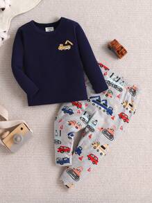 2pcs Baby Boy's Snug Fit Cartoon Car Printed Long Sleeve Top And Pants Knit Comfy Pajamas Set - Multicolor - View 1