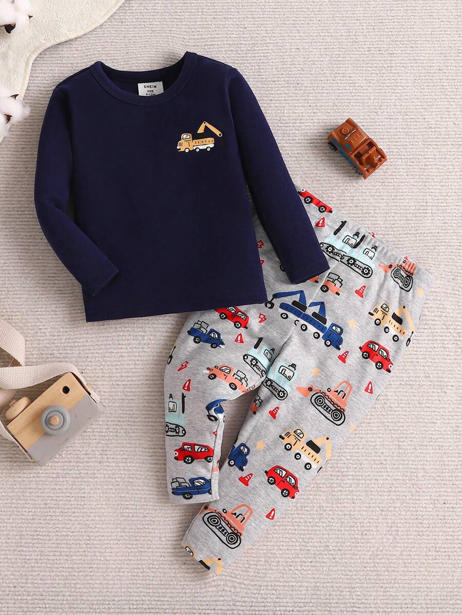 2pcs Baby Boy's Snug Fit Cartoon Car Printed Long Sleeve Top And Pants Knit Comfy Pajamas Set - Multicolor - View 1