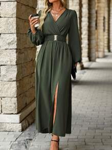 EMERY ROSE Women Plain V-Neck Long Sleeve Split Casual Dress, Beach Holiday Maxi Women Outfit Fall Cloth For Women - Army Green - View 6