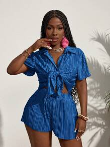 Slaydiva 2 件套：女士海滩度假褶皱条纹衬衫 - 薄荷藍 - 查看 5