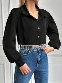 Cloudara Camisa Feminina Com Botões Manga Lanterna Em Cor Sólida - Preto - Ver 5