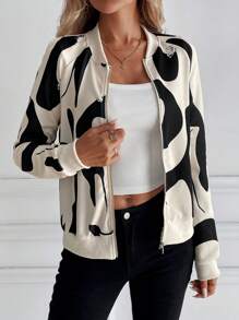 SHEIN LUNE Women's New Abstract Random Print Zip-Up Short Jacket, Autumn Winter - Multicolor - View 3