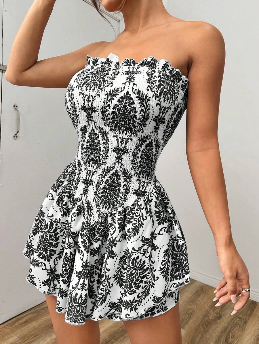 SHEIN Unity Bộ áo liền quần quây ngực xếp ly in hoa thanh lịch dành cho nữ - màu đen - Xem 1