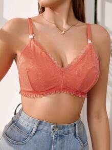SHEIN Pregnant Women's Solid Color Lace Patchwork Spaghetti Strap Bra - Orange - View 3