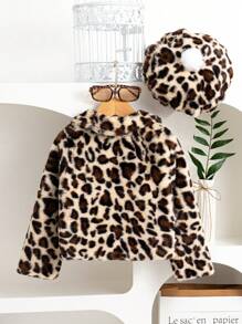 SHEIN Young Girl Plush Leopard Print Winter Jacket And Hat Set - Apricot - View 2