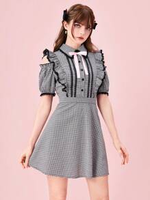 ROMWE Kawaii Women Contrast Binding Bow Decor Pleated Ruffle Hem Plaid Mini Dress, School - Black and White - View 2