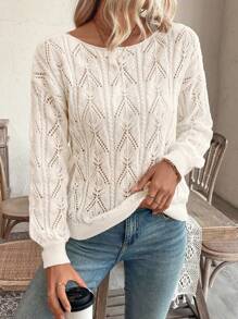 EMERY ROSE 度假风休闲镂空宽松套头毛衣，长袖上衣，秋冬针织衫 - 米色 - 查看 3