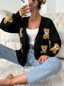 EURMUSE Cardigan casual con scollo a V da donna con applicazioni dell'orso e spalle basse - nero - Visualizzare 4