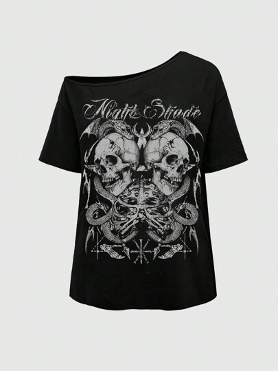 Goth Maglietta oversize da donna stile gotico, stampa di pelle di serpente e teschio/scheletro, collo asimmetrico, adatta per la scuola, per l'estate