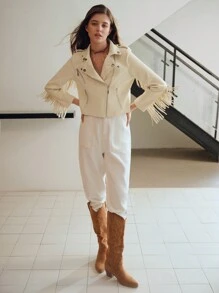 MOTF STUDIO PU LEATHER FRINGE TRIM BIKER JACKET - Apricot - View 5