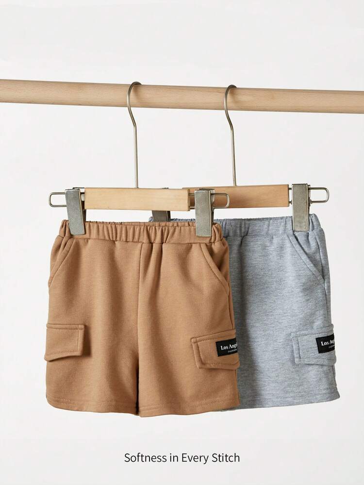Baby Boy Decoration Woven Label Side Pockets Elastic Waist Casual Shorts Set Of 2