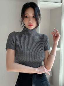 DAZY 纯色立领短袖针织上衣，春秋 - 深灰色 - 查看 7