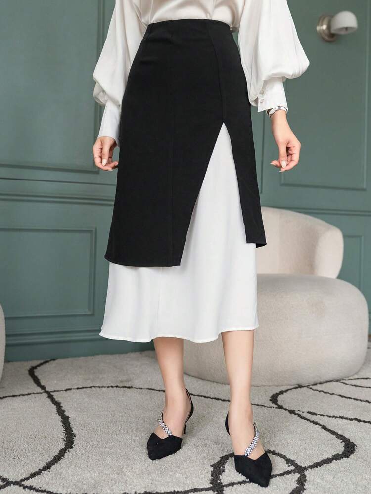 Women Contrast Color Patchwork Slit Elegant Charm Design Skirt,Fall Clothes Winter Women Skirts