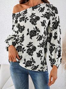 SHEIN Clasi Elegant Floral Print Square Collar 3/4 Lantern Sleeve Loose Fit Women's Blouse Black And White Shirt Asymmetrical Shoulder Long Sleeve Long Sleeve Shirt Teacher Clothes - Black and White - View 5