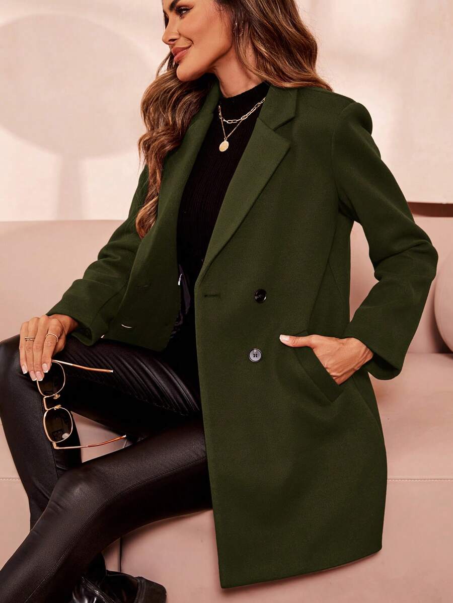 SHEIN Clasi Women's Lapel Long Sleeve Button Elegant Fashion Coat In Fall/Winter - Army Green - View 1