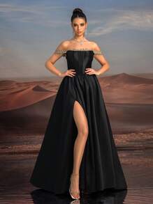 SHEIN Belle Robe de bal élégante et luxueuse avec jupe plissée, corsage en dentelle brodée et perlée avec épaules dénudées (résistante) - Noir - Voir 6