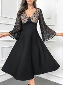 Modelyn Đầm suông dài tay cổ tròn phối ren chắp vá cho nữ, dáng ôm, thích hợp mặc đi nghỉ, đầm dạ hội dài - màu đen - Xem 5