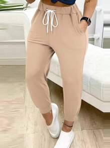 Women's Fashion Solid Color Casual Drawstring Ankle-Tied Pants Spring - Khaki - View 5
