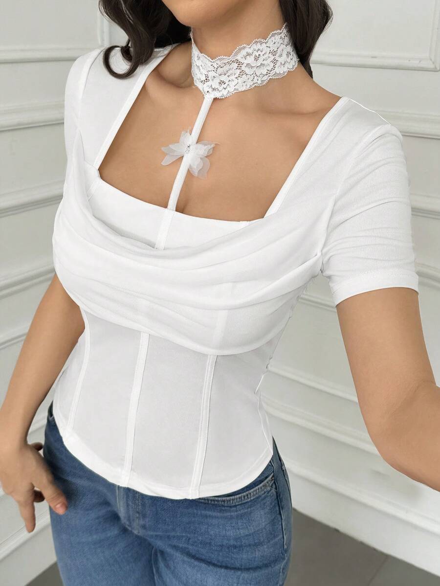 Modelyn Camiseta de alta moda con cuello cuadrado, adorno de encaje, mangas cortas con volantes y tirantes para mujer - Blanco - Ver 1