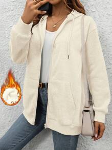 SHEIN LUNE Women's Solid Color Drawstring Hooded Drop Shoulder Long Sleeve Casual Jacket, Autumn/Winter - Apricot - View 6