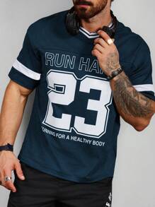 Manfinity Sport Corelite 男友风格男士字母条纹印花 V 领短袖休闲运动 T 恤基本款 T 恤篮球球衣男友风格男士男友风格男士，返校运动上衣篮球透气 - 藏蓝色 - 查看 6