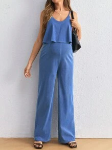 SHEIN Peto holgado de maternidad en denim, mono con camisola azul - Azul - Ver 4