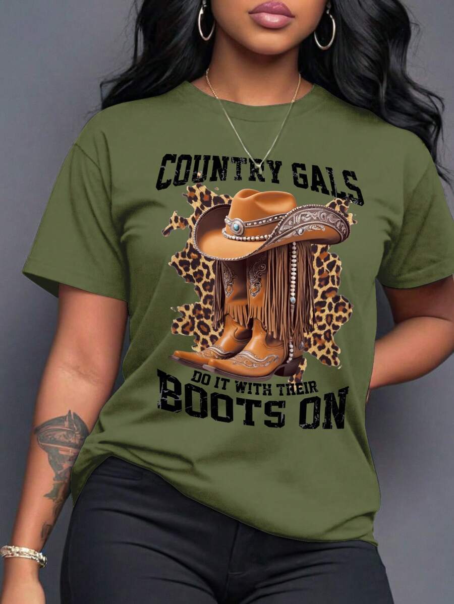 SHEIN LUNE Women's Music Festival Round Neck T-Shirt Graphic Tees Women Tops - Olive Green - View 1