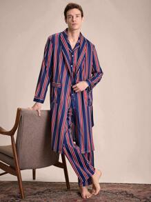 EverLounge Men's Striped Printed Pockets Front Button Belted Long Sleeve Robe - Multicolor - View 4
