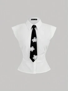 SHEIN MOD Ladies' White Dress Shirt With Necktie Decorated Front Button,Back To School Shirts,Fall Women Outfits,Office Wear,Going Out Tops,Frank Ocean,Women Shirts,Preppy Tops,Bachelorette Outfits,Rave Festival Outfits,Work Clothes,Concert Women Outfit